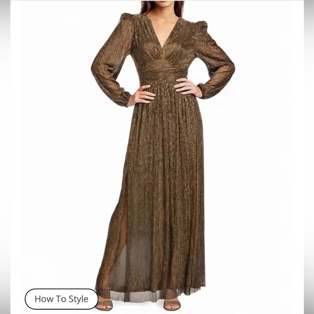 Alex Marie Shimmering gold and Brown Long Sleeve evening gown dress